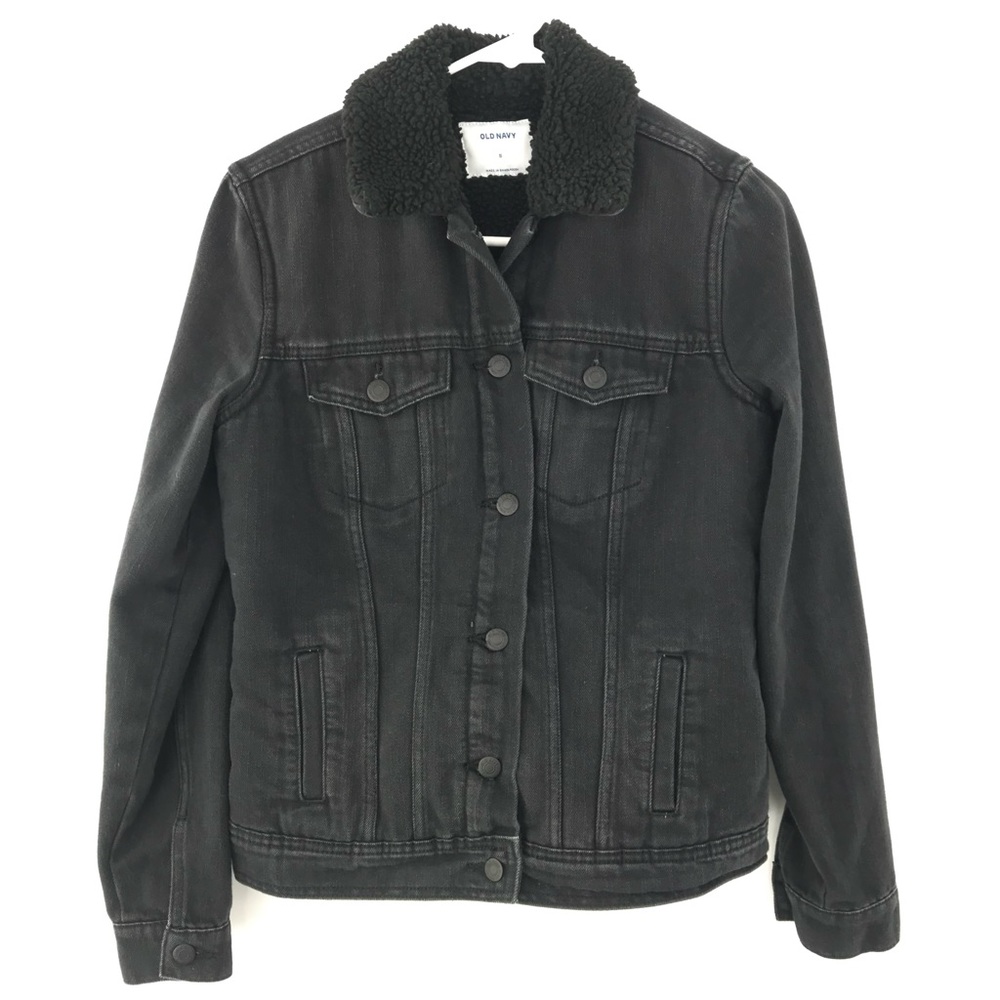 Old Navy Women’s Black Distressed Denim Jean Jacket with Sherpa Lining Size S